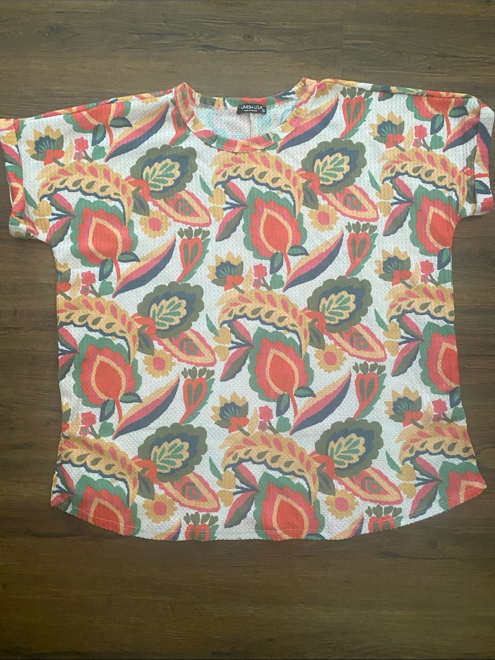 HEIMISH USA Coral, Green & Gold Floral Short Sleeve Tee